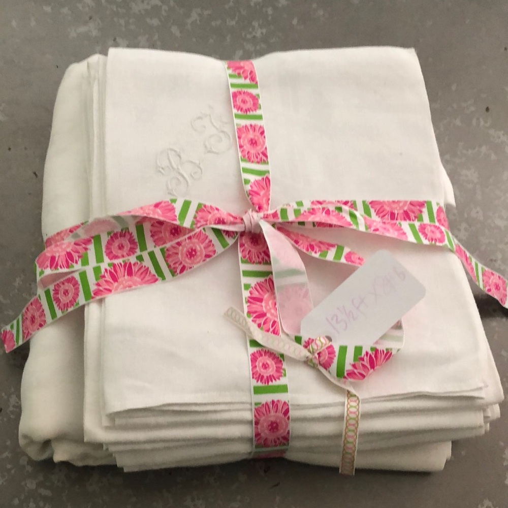 Vintage French embroidered white table cloth and matching napkins